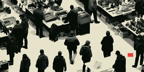 Editorial illustration of a Canadian gun show hall with vendor tables, paper tags, optics, and course-style signage.