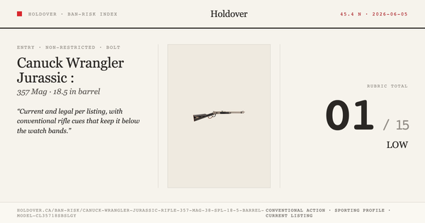 Canuck Wrangler Jurassic Rifle: 357 MAG / 38 Spl, 18.5" Barrel, Model Cl35718sbslgy reference image for Holdover Ban...