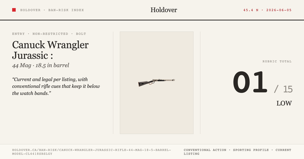 Canuck Wrangler Jurassic Rifle: 44 MAG, 18.5" Barrel, Model Cl4418sbslgy reference image for Holdover Ban-Risk verdict