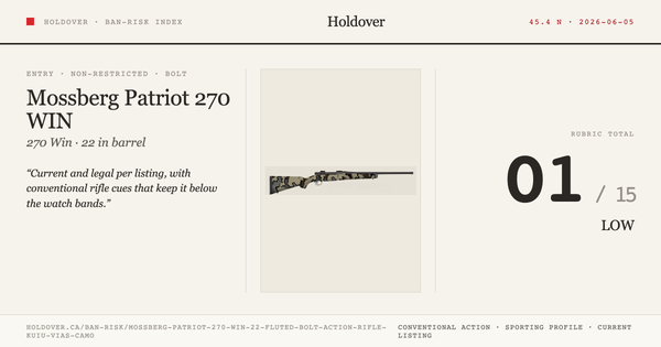Mossberg Patriot 270 WIN 22″ Fluted Bolt Action Rifle Kuiu Vias Camo reference image for Holdover Ban-Risk verdict