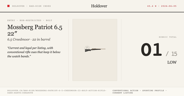 Mossberg Patriot 6.5 Creedmoor 22″ Bolt-Action Rifle Dark Earth Cerakote reference image for Holdover Ban-Risk verdict
