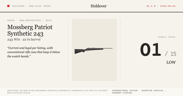 Mossberg Patriot Synthetic Cerakote 243 WIN 22″ Fluted Bolt Action Rifle reference image for Holdover Ban-Risk verdict
