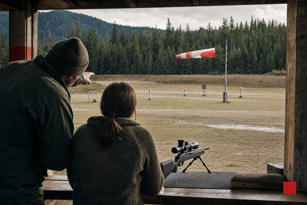 A Canadian range wind flag pulling sideways while a new shooter observes downrange.