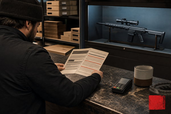 A Canadian pre-order counter scene with a buyer reading terms before placing a rifle deposit.