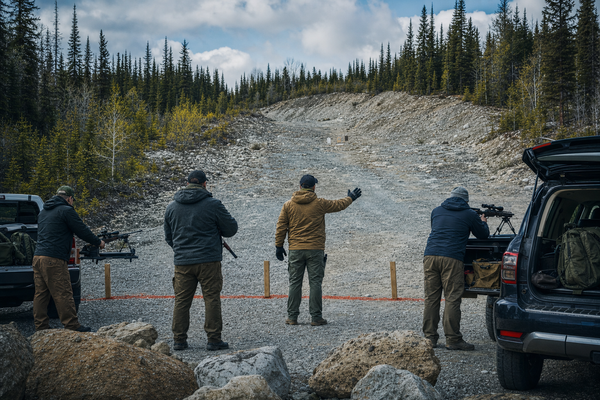 A disciplined informal firing line at a Canadian Crown-land shooting spot.