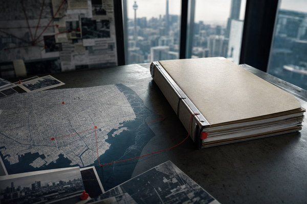 A restrained editorial image of a hard warrant file beside a muted city map.