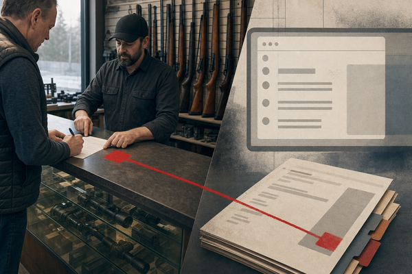 A restrained editorial image contrasting a lawful firearms counter with an abstract consultation file.