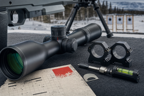 A first precision rifle scope, turret, rings, and range data arranged for a Canadian zeroing session.