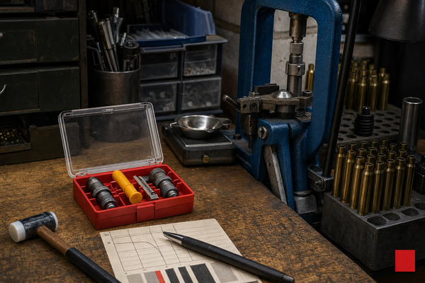 A tiny .308 hand-loading kit set beside a more complete precision reloading bench.