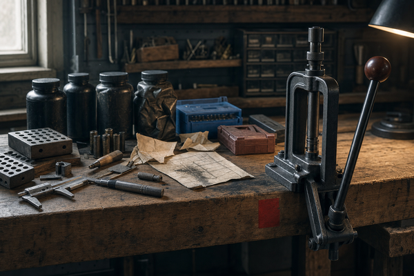 A Canadian reloading bench arranged around veteran regret before a first press purchase.
