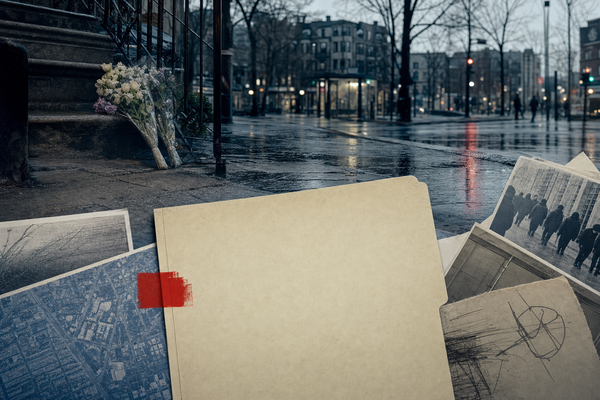 A restrained Montreal policy file scene contrasting grief, evidence, and the SKS question.