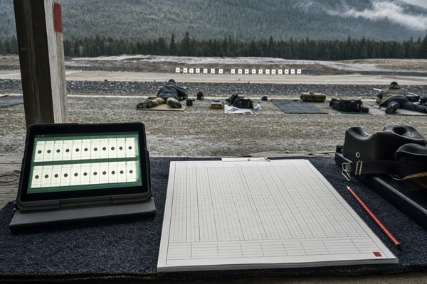 A blank F-Class score sheet and tablet glow with distant 900 metre target frames at a Canadian range.