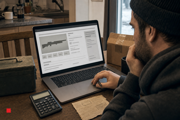 A Canadian online firearm price-check scene with a listing, calculator, and ammunition-value split.