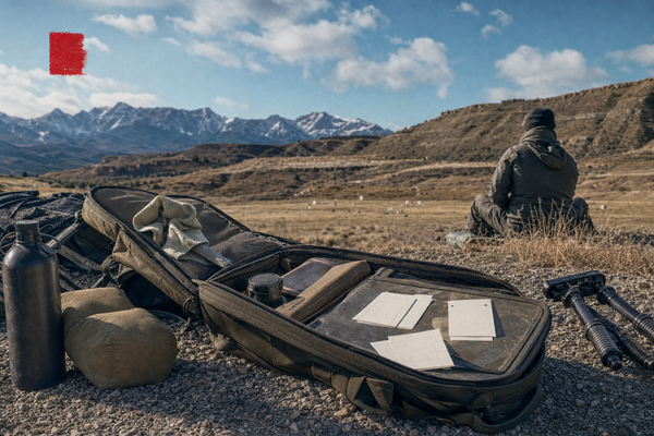 An Alberta precision rifle match range bag staged on gravel with foothills terrain and distant natural backstops.