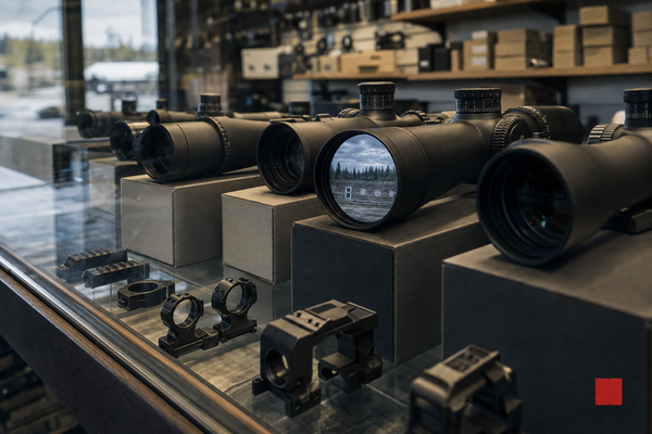 A Canadian optics counter with unbranded premium scope forms, ring hardware, and a through-glass range reflection.