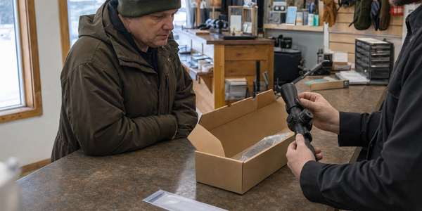 A customer waits at a service counter beside a boxed riflescope and receipt sleeve.