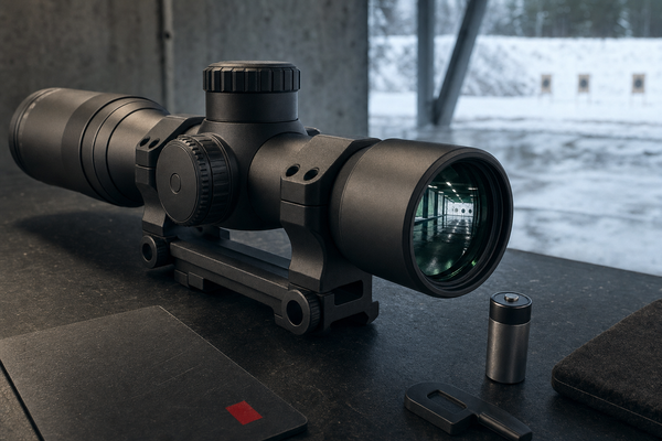 An unbranded smart riflescope with turret detail, mount hardware, a small battery, and cold range-light reflection.