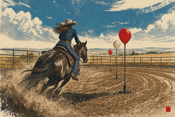 An illustrated adult rider and horse turning through balloon standards in a dusty Alberta arena under a wide summer sky.