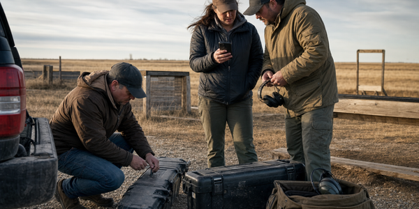 Three adults packing closed equipment cases at a Saskatchewan prairie range while one shows the others a phone.