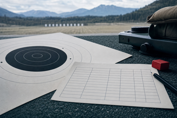 A blank F-Class score card and target centre rings in cool Canadian range light.