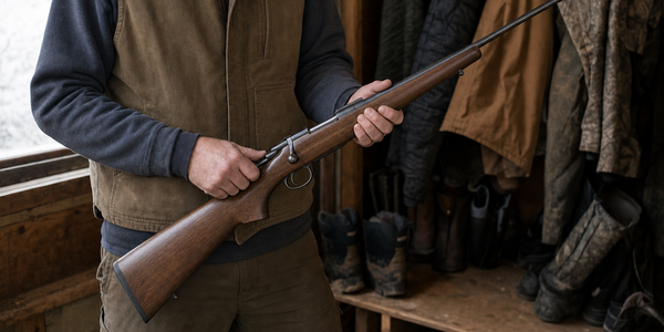 Hands check the action of a diagonal bolt-action hunting rifle before travel.