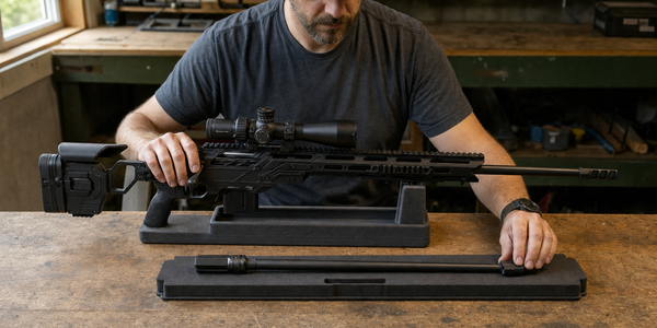 An owner at a worn workshop bench steadies a bolt-action precision rifle beside a separate capped barrel.