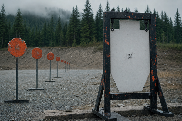 A northwest B.C. club range lane with steel plates and a clean target frame for a precision scorecard.