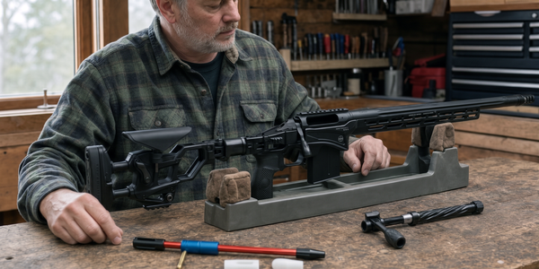 A shooter reviews a modern Cadex chassis rifle and loose maintenance components on a workshop bench.