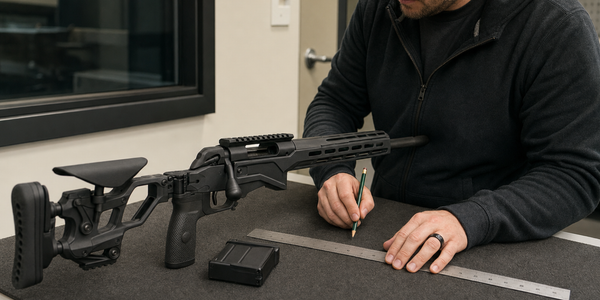 A technician checks an unbranded bolt-action chassis rifle beside a steel rule.