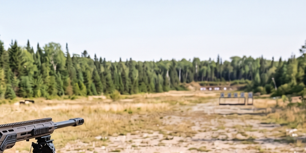 The front end of a fictional chassis precision rifle rests on a bipod at an outdoor range, with targets downrange.