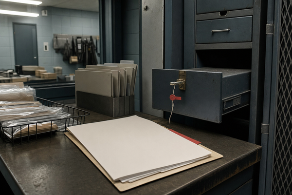 A municipal evidence desk with a blank court-order file, sealed locker drawer, and red condition tab.
