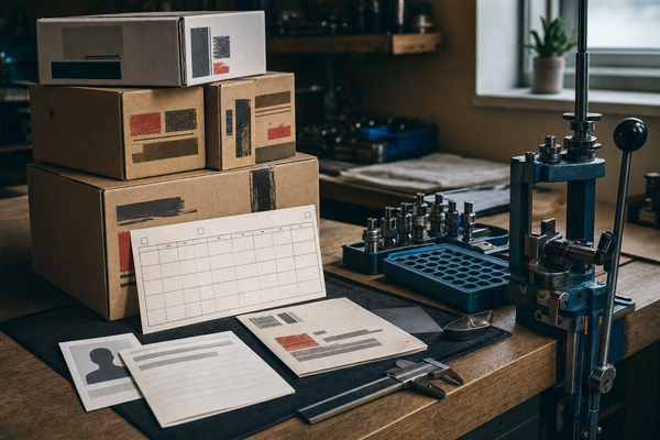 A Canadian reloading order staged between a supplier calendar, sealed component boxes, and a tidy loading bench.