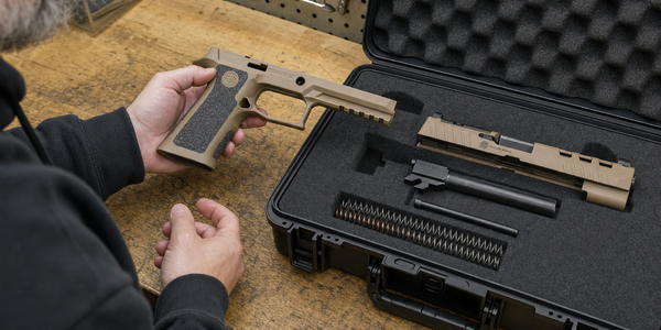 A P320 owner examines an empty tan grip module beside separated slide and barrel parts.