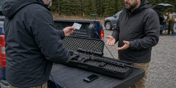 A seller checks a buyer's identity beside a cased bolt-action rifle.