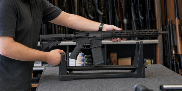 A retailer employee places an AR-pattern rifle on a padded inventory counter.