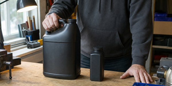 An adult places a large sealed powder jug beside a smaller sealed bottle on an orderly worktable.