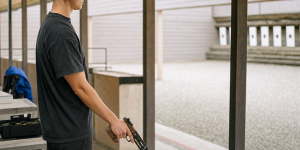 A sport-pistol competitor holds an unbranded target pistol in a lowered start position on a quiet range.