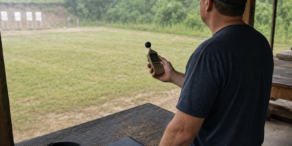 A shooter checks a handheld weather meter at an outdoor range before a session.