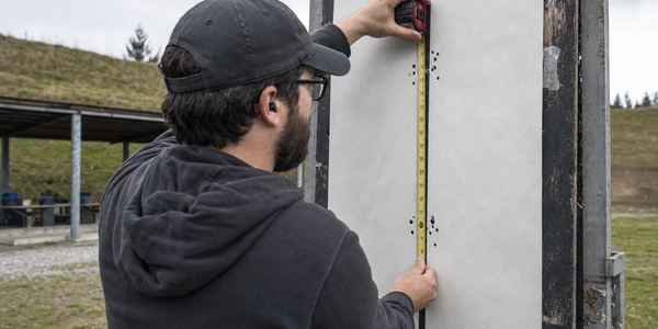A shooter measures the vertical distance between two groups on a tall target at an outdoor range.