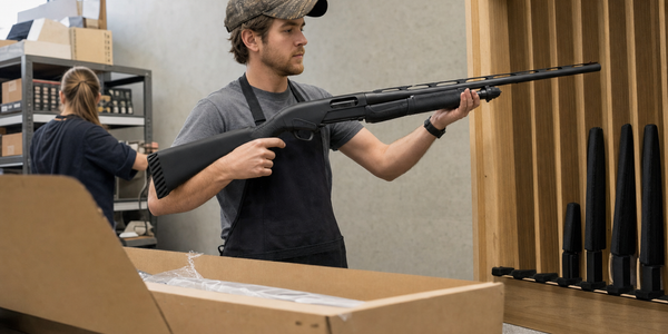 A stock clerk safely lifts an unloaded pump shotgun from a plain shipping carton toward an empty rack slot.