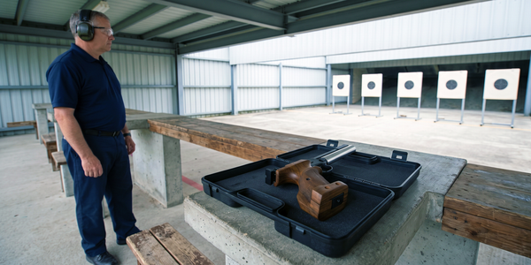 A target pistol rests safely on a worn firing bench while a range official looks toward five downrange targets.