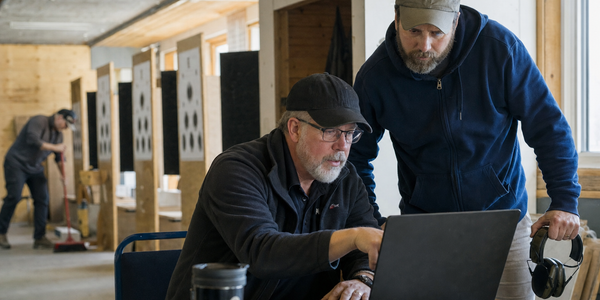 Two range-club volunteers read a legal update together on a laptop in a worn clubhouse.
