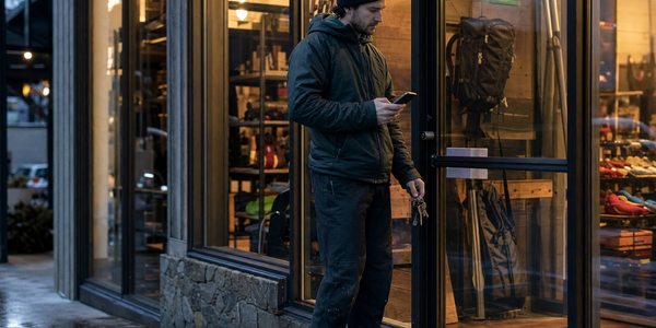 A fictional outdoor-sports retail employee checks a phone outside a locked shop at dusk.