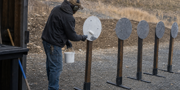 A fictional range volunteer repaints one of five steel plates between strings at an unnamed outdoor range.