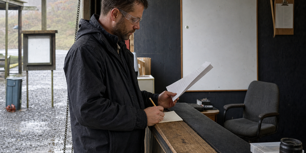 A fictional adult member checks an unreadable printout at an unnamed Ontario range clubhouse counter.