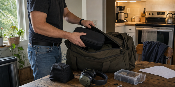 A fictional Canadian shooter packs an optic case, rear bag, hearing protection, and small tools into a worn range bag.