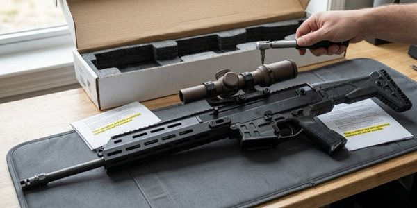 A hand uses a torque wrench on a scope mounted to a black chassis-style rifle at a home worktable.