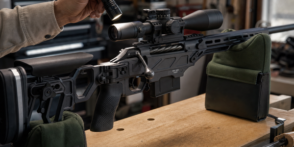 Generated illustrative photograph of a gunsmith inspecting a supported bolt-action rifle.