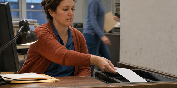 A fictional clerk places a plain envelope into a tray in an unnamed processing room.