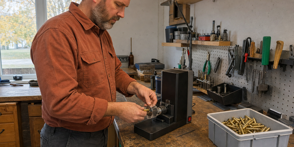 A fictional handloader uses a compact case trimmer at a work-worn home bench.